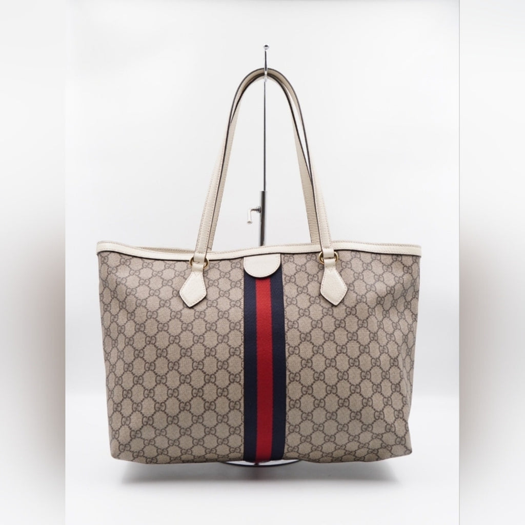 CD31 💖 Gucci GG Supreme Monogram Dollar Calfskin Web Medium Ophidia Tote