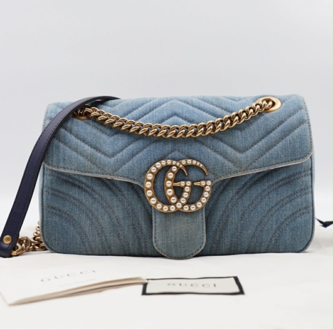 Gucci Faux Pearl Marmont Flap Blue Denim