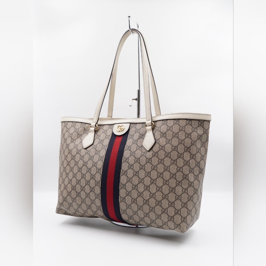 CD31 💖 Gucci GG Supreme Monogram Dollar Calfskin Web Medium Ophidia Tote