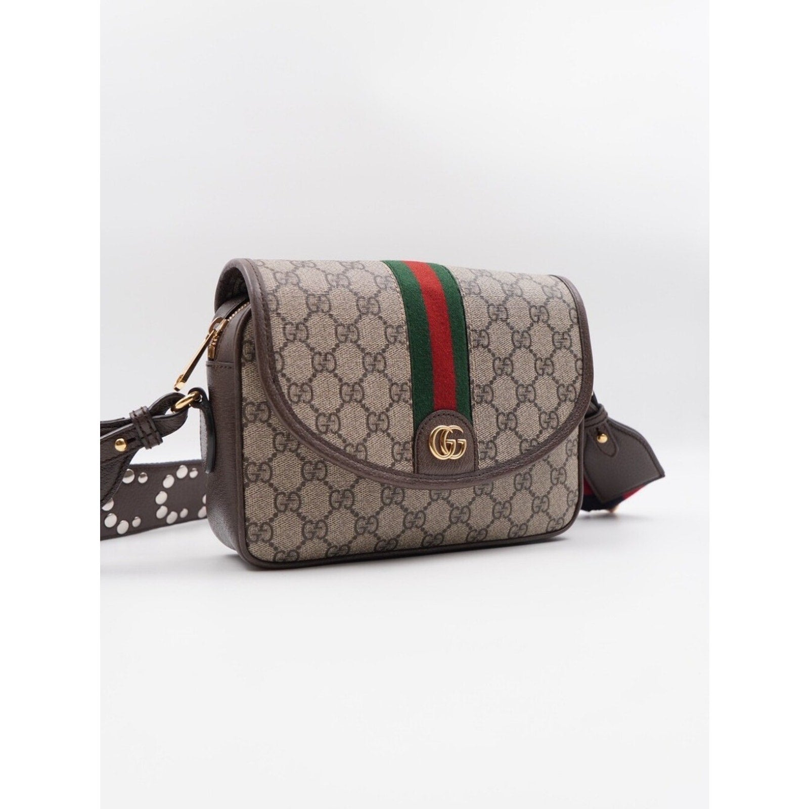 CJ41 ❤️ Gucci GG Supreme Monogram Dollar Calfskin Web Studded  Ophidia