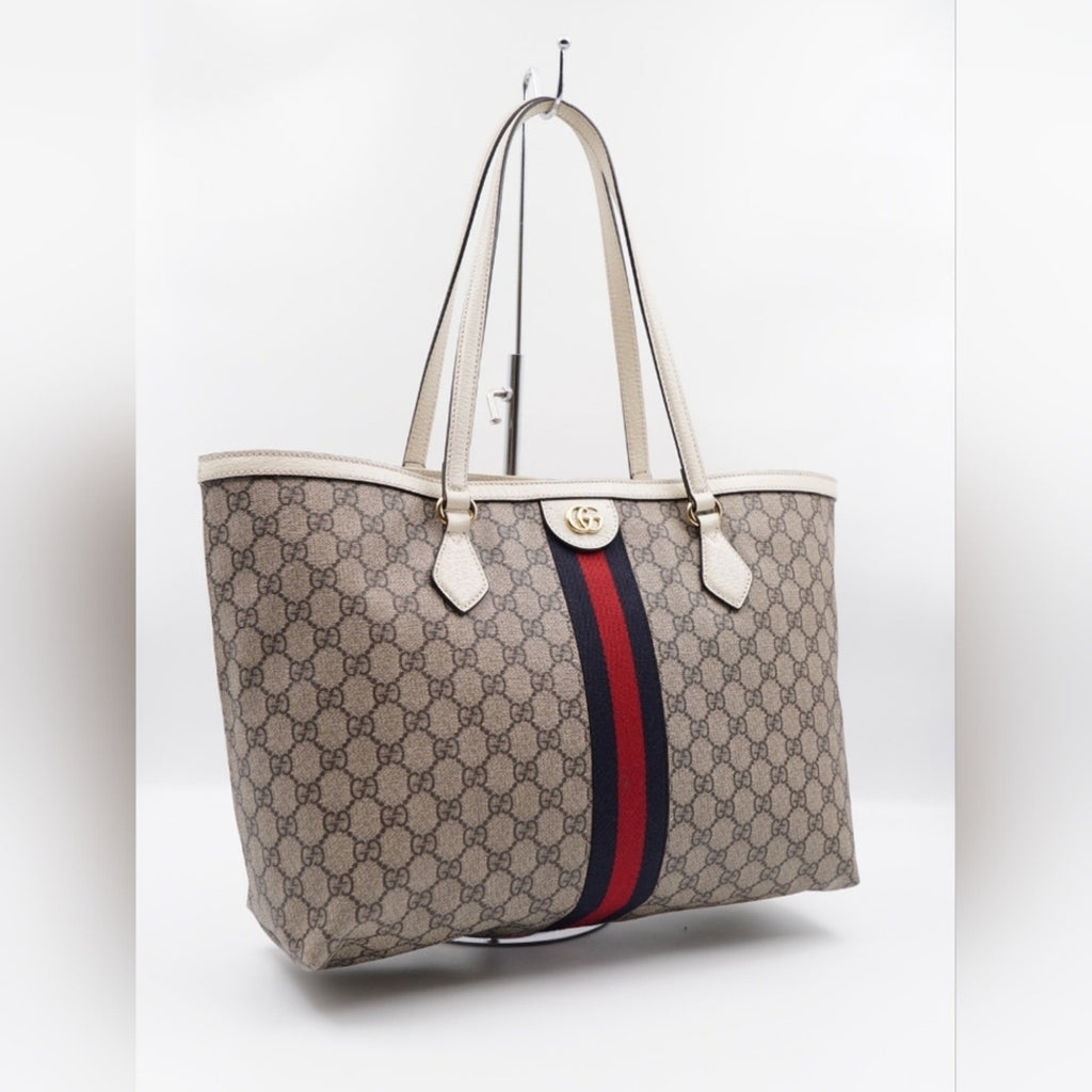 CD31 💖 Gucci GG Supreme Monogram Dollar Calfskin Web Medium Ophidia Tote