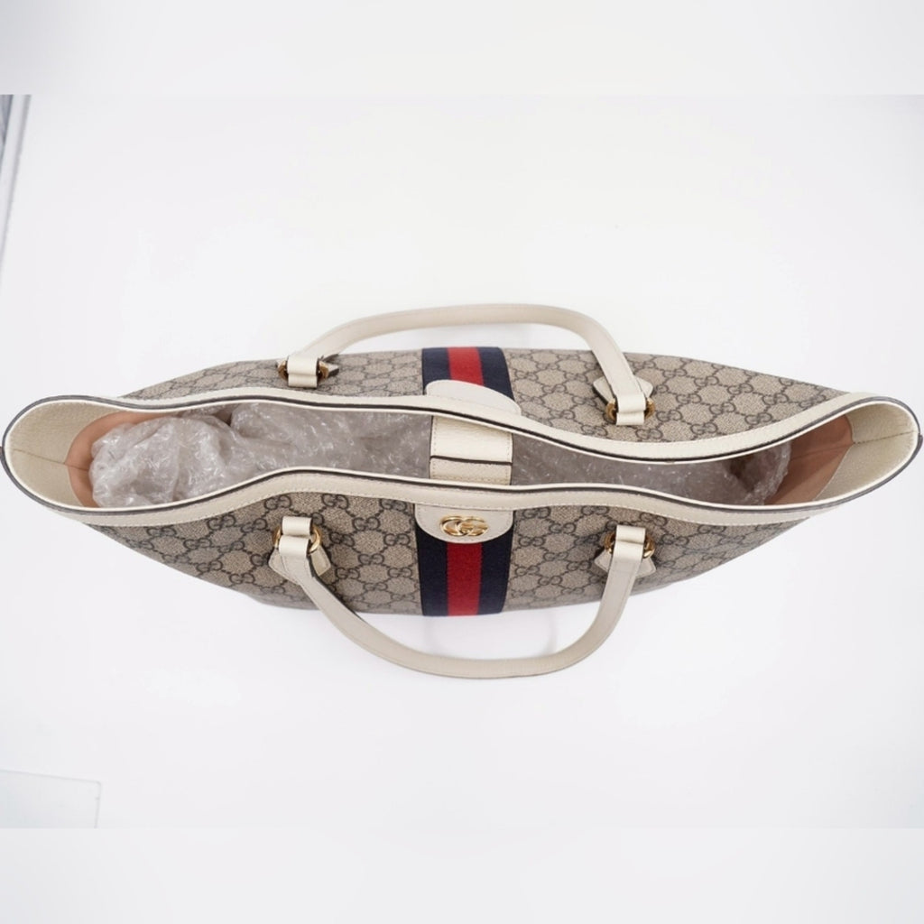 CD31 💖 Gucci GG Supreme Monogram Dollar Calfskin Web Medium Ophidia Tote